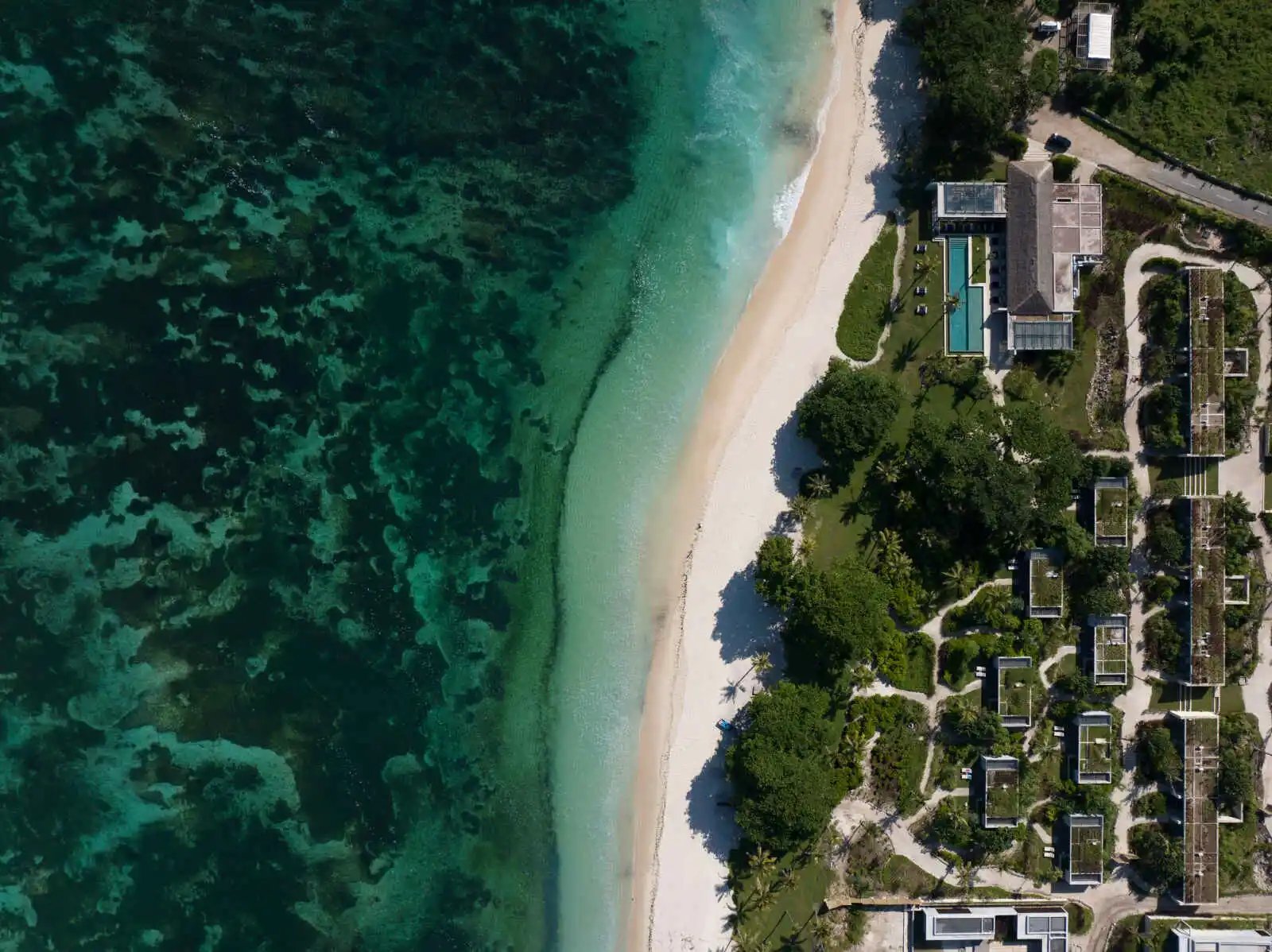 Vue aérienne de la plage de l'hôtel, hôtel Cap Karoso